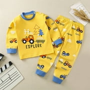 Toddler Boys Pajamas One Piece Toddler Baby Kids Winter Boys Girls Solid Color Car Print Long Sleeved Home Wear Clothes Suit Yellow 2T